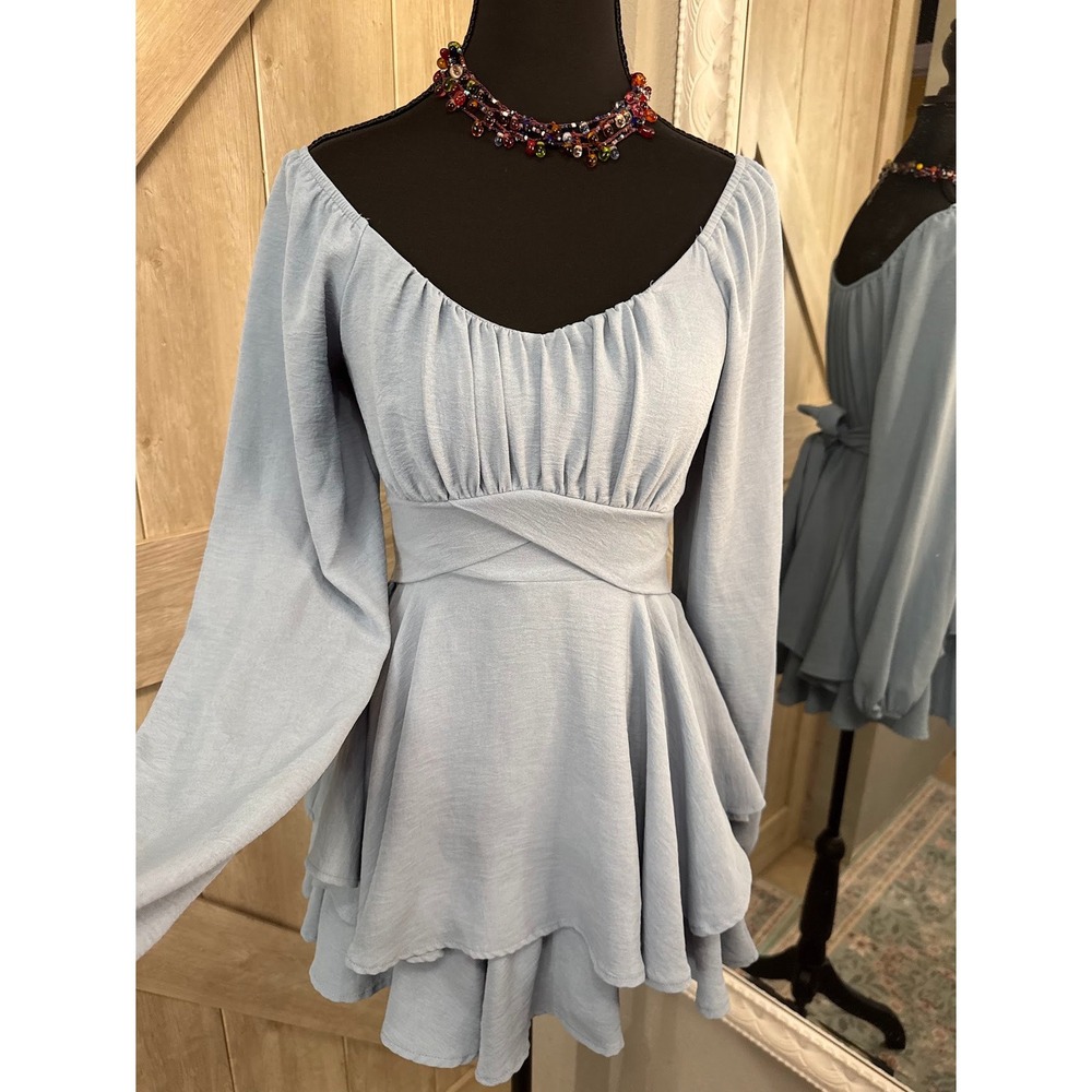 Altar'd State Light Blue Tiered Ruffle Romper Dress Long Sleeve XXS